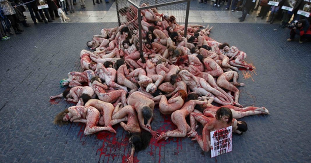 Ativistas protestam nus em Barcelona contra roupas de pele