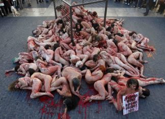Ativistas protestam nus em Barcelona contra roupas de pele