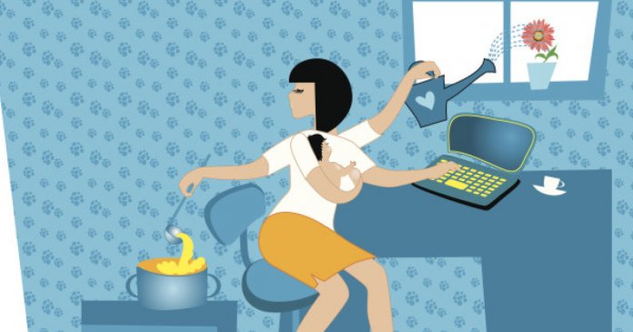 Mother working at home,multitasking