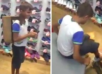 Funcionários de loja presenteiam garoto engraxate com tênis