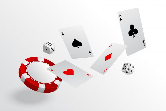 playing cards chips and dice flying casino background