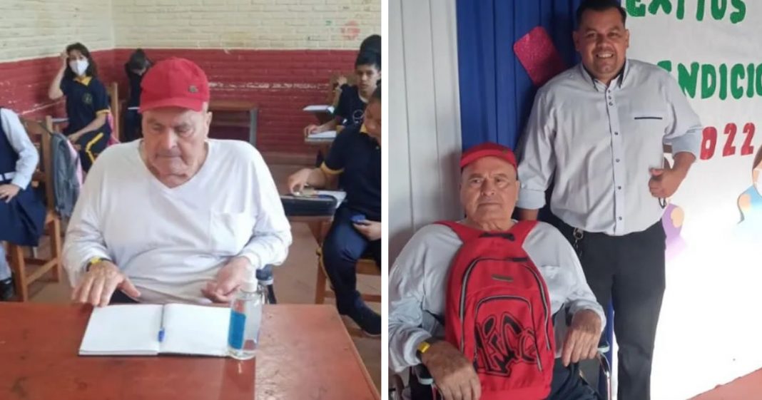 Avô em cadeira de rodas volta a estudar aos 87 anos: “Nunca é tarde”.