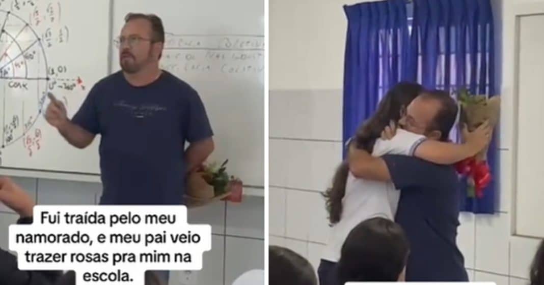 Pai leva flores na escola para filha que foi traída pelo ex: “Amor de verdade só da família!”. VÍDEO