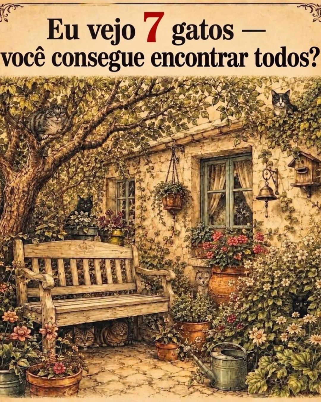 resilienciamag.com - Desafio visual: voc&ecirc; consegue encontrar os 7 gatos escondidos neste jardim antes de ver a resposta?